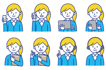 女性 PC スマホ タブレット 私服 オフィスカジュアル 襟 ワイシャツ カーディガン 人物 イラスト ベクター AI 素材