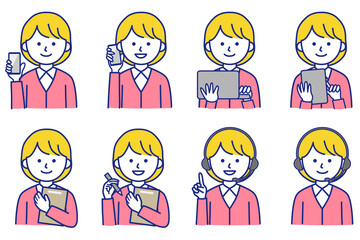 女性 PC スマホ タブレット 私服 オフィスカジュアル 襟 ワイシャツ カーディガン 人物 イラスト ベクター AI 素材