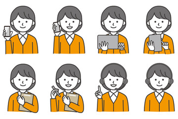 女性 PC スマホ タブレット 私服 オフィスカジュアル 襟 ワイシャツ カーディガン 人物 イラスト ベクター AI 素材