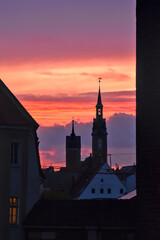 Christian church called Petrikirche in the city of Freiberg in Germany during a beautiful sunset.