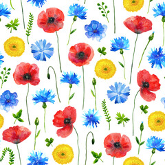 Floral seamless background. Pattern with beautiful watercolor wild meadow flowers. Botanical hand drawn illustration. Texture for print, fabric, textile, wallpaper.