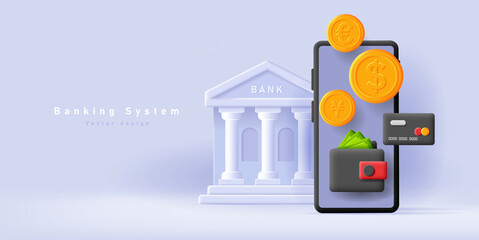 3d illustration of a smartphone with money wallet and counts and credit card with bank building on the background - obrazy, fototapety, plakaty