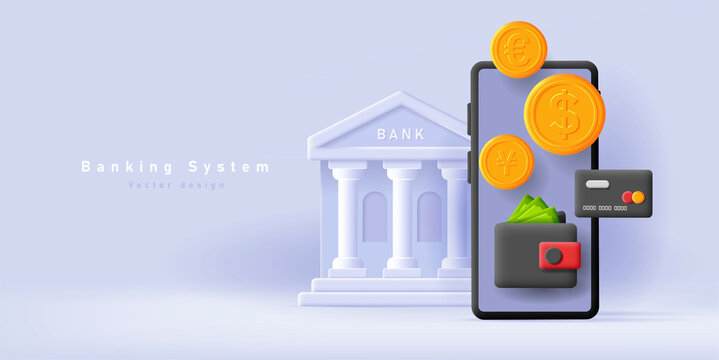 3d illustration of a smartphone with money wallet and counts and credit card with bank building on the background