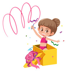 A little girl playing ribbon in the present box on white background