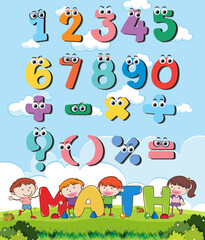 Counting number 0 to 9 and math symbols for kids