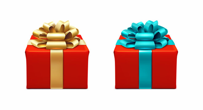 3d realistic vector icon set. Two red present boxes with golden and blue ribbons. isolated on white background.