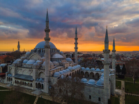 Sunset in the Suleymaniye Mosque Drone Photo, Fatih Istanbul Turkey