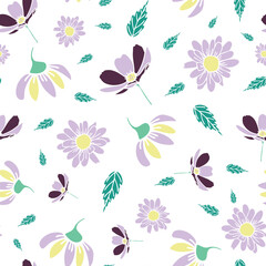 Vector green purple yellow birds and flower seamless pattern. trend print for textiles and wallpaper.