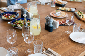 delicious dishes on the table in the restaurant. serving table. sharpness in the middle of the table