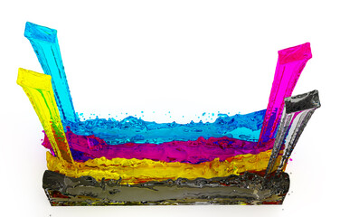 CMYK color profile for letterpress printing formed by liquids, four color, fluid simulation cyan, magenta, yellow, black, 3d rendering, 3d illustration