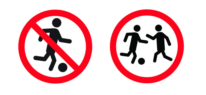 Caution no football or ball activity zone sign. Stop, do not play game. Vector sports pictogram or symbol. Cartoon soccer playing team. Sport, balls games area icon or logo.