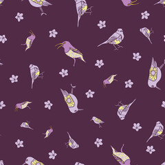 Vector green purple yellow birds and flower ditsy seamless pattern isolated on a white background. Print for bed linen. trend print for textiles and wallpaper