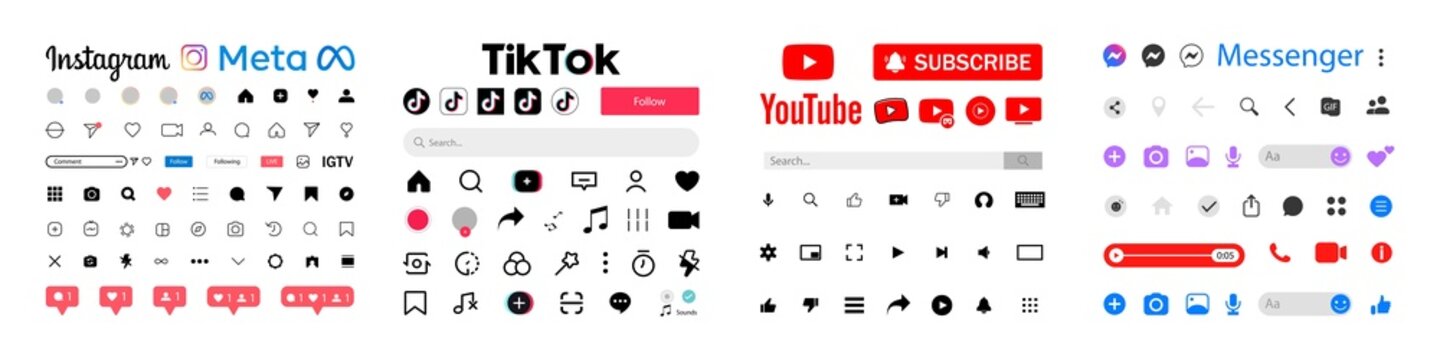 Instagram, TikTok, Messenger icons, symbols. Template frame for social media. Interface template. Screen interface. Official logotypes of Youtube Apps. Kyiv, Ukraine - April 9, 2022