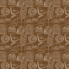 Seamless pattern background of hand drawn bakery and pastry food set. Vector illustration in doodle style