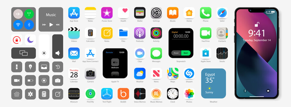 IOS 15 icons Apple inc: Apple Store, Apple ID, Swift UI, CardPointers, Widgets, SharePlay, Podcasts, iTunes, iBooks, Apple TV, Clock, Wallet, Notes, Phone, Maps etc. Kyiv, Ukraine - April 9, 2022
