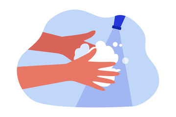Poster with person washing hands with soap and water in sink. Hands cleaning instruction template flat vector illustration. Hygiene, coronavirus, safety concept for banner or landing web page