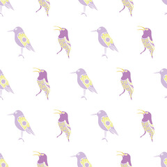 Vector purple yellow birds and flower horiztontal seamless pattern isolated on a white background. Print for bed linen. trend print for textiles and wallpaper