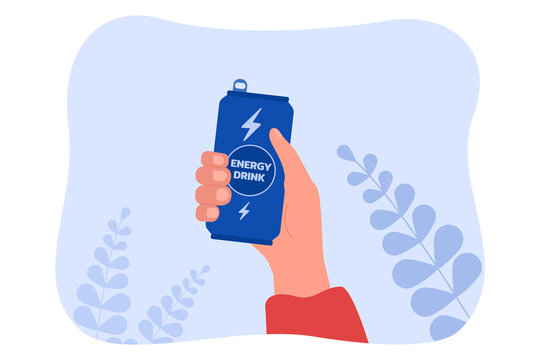 Human hand holding can package with cold energetic drink. Person drinking beverage with caffeine to boost power, strength and energy for sport flat vector illustration. Bar, lifestyle concept