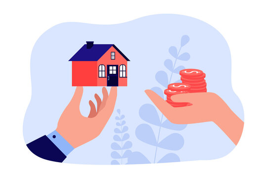 Offer To Exchange House For Cash Money Between Agent And User. Human Hands Holding Dollar Coins And Home Property Flat Vector Illustration. Real Estate Mortgage, Rent, Apartment Sale Concept