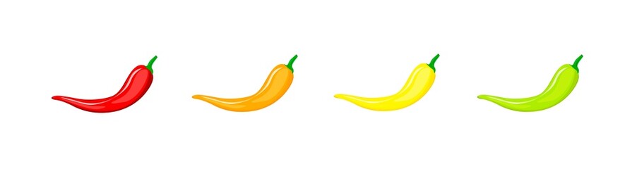 Chili pepper level indicator. Very hot, medium, mild, low fire. Food with a spicy taste. Vector illustration