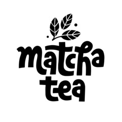 Fototapeta premium Matcha Logo design. Decoration with leaves for tea product. Hand-drawn vector calligraphy. Asian japanese beverage. Green tea drink. lettering.