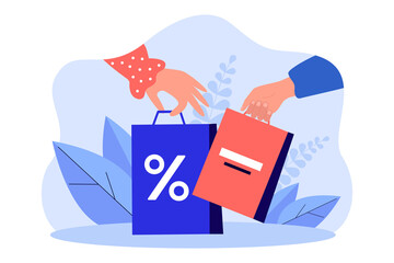 Hands holding shopping bags with sale symbol. Special offer in shop or store, discount or gift flat vector illustration. Delivery, online shopping concept for banner, website design or landing page - obrazy, fototapety, plakaty