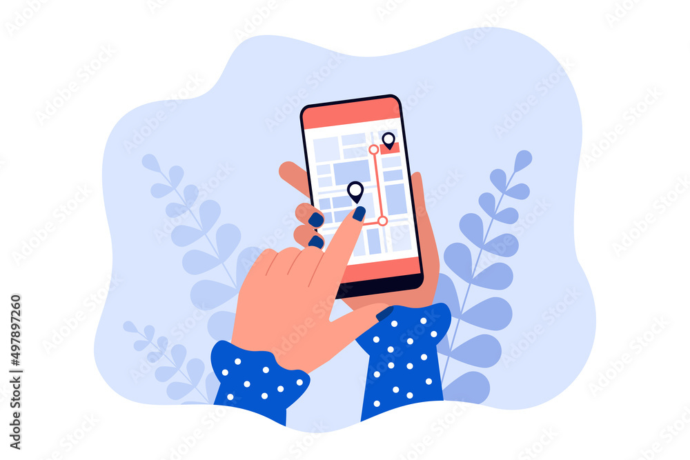 Poster hand holding mobile phone with navigation application. finger touching map of city flat vector illus