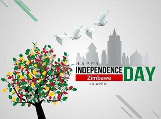 happy independence day Zimbabwe pigeon flying with colorful flag tree. vector illustration design - obrazy, fototapety, plakaty