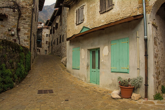 Historic residential buildings in Poffabro, a medieval village in the Val Colvera valley in Pordenone province, Friuli-Venezia Giulia, north east Italy
