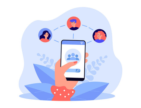 Hand holding smartphone with group chat on screen. Video call via mobile phone flat vector illustration. Social network, communication concept for banner, website design or landing web page