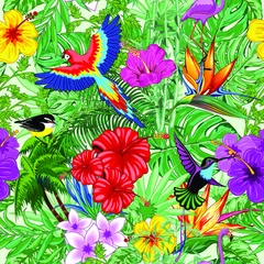 Foto auf Acrylglas Zeichnung Wilde Vögel und tropische Natur Nahtlose Wiederholung Textilmuster Vektorgrafiken
