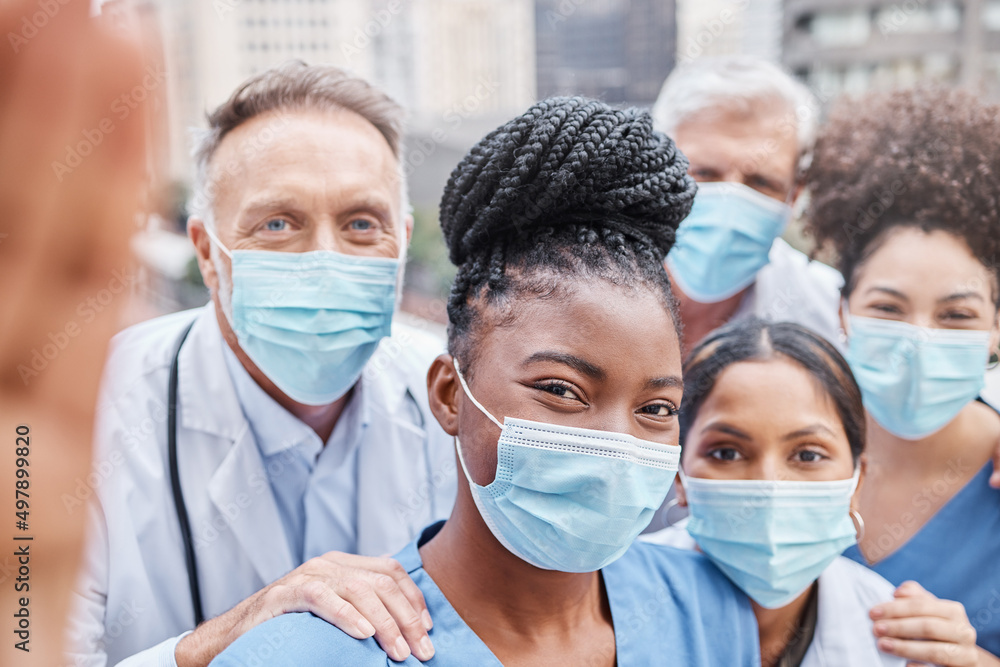 Aufkleber dont forget to add the title dr to our names. shot of a group of doctors taking a selfie in the city