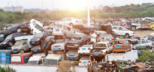 A pile of abandoned cars on junkyard - obrazy, fototapety, plakaty