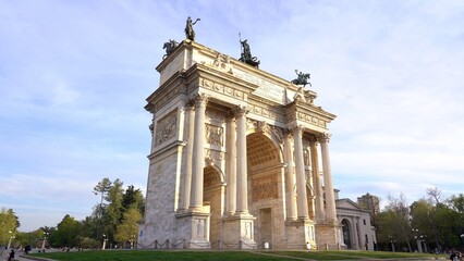 Fototapeta na wymiar Europe, Italy , MIlan April 2022 - Arch of Peace ( Arco della Pace ) after finish of lockdown due Covid-19 Coronavirus epidemic - tourist coming to visit the art and sightseeing in city downtown