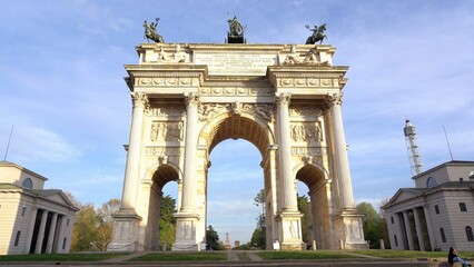 Fototapeta na wymiar Europe, Italy , MIlan April 2022 - Arch of Peace ( Arco della Pace ) after finish of lockdown due Covid-19 Coronavirus epidemic - tourist coming to visit the art and sightseeing in city downtown