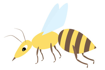 Wasp. A small fly with a stinger and a striped body. Color vector illustration. Insect with blue wings. Isolated background. Flat style. Festive print. Idea for web design, invitations, postcards.