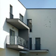 Fragment of the facade corner of the white house - walls, windows, balconies