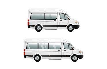 A set of images of variants of passenger minibuses with an extended and shortened base. Urban transport. - obrazy, fototapety, plakaty