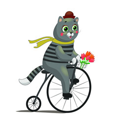 Striped gray cat on retro bicycle with flowers in basket. Сartoon cute character for kids. Vector illustration isolated on white background.
