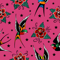seamless pattern with birds and flower's old school