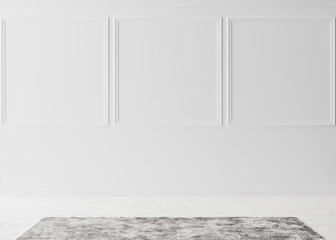 Empty room, white wall with moldings and marble floor with carpet. Only wall and floor. Mock up interior. Free, copy space for your furniture, picture and other objects. 3D rendering.