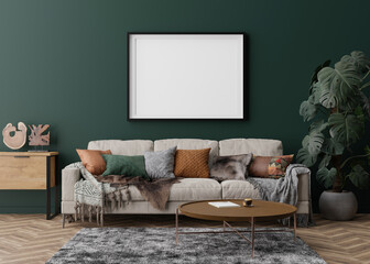 Empty picture frame on green wall in modern living room. Mock up interior in contemporary style. Free space, copy space for your picture, poster. Sofa, sideboard, carpet, plant. 3D rendering.
