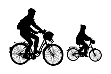 Fototapeta na wymiar Two cyclist silhouette isolated on white background. Little girl riding bicycle with father. Biker family outdoor in bike driving. Urban leisure activities. People ride bicycles. Vector illustration