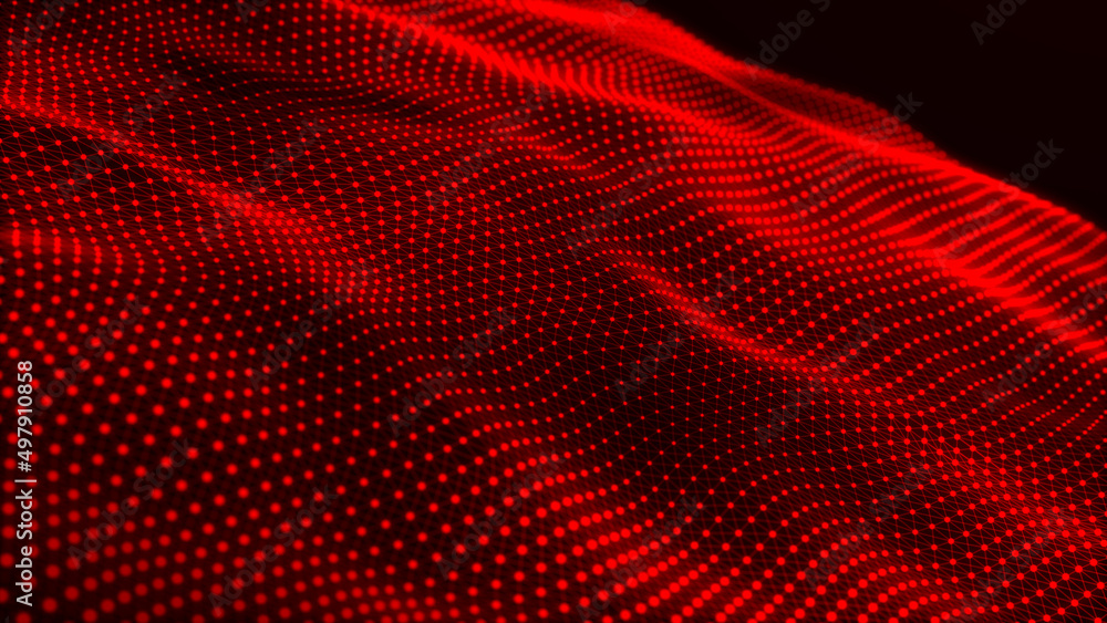 Aufkleber Abstract futuristic wave. Digital background. Network connection dots and lines. 3d rendering
