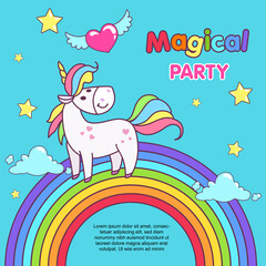 Birthday party with unicorn design template. Happy fairy tale pony on the rainbow. Best for invitations, flyers and posters. Vector illustration.