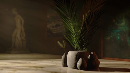3D rendering of a still life scene with plants in stone vases inside an inviting home gallery