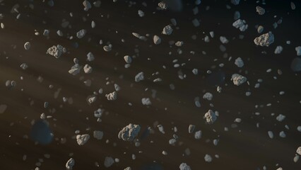 3D render of an asteroid belt background in vast space