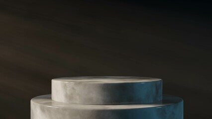 3D rendering of a marble stone pedestal isolated for product display illuminated by warm light rays