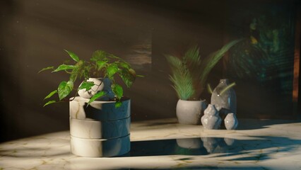 3D rendering of a Pothos plant on a display pedestal in an inviting home gallery with lush green plants