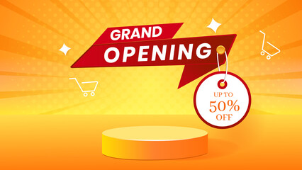 Grand opening yellow banner with gold ribbon, crown